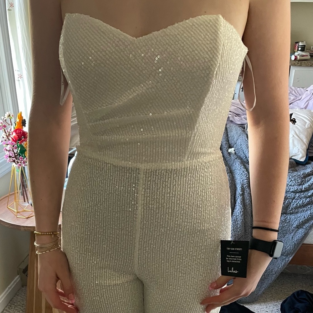 NWT Lulu's White Sequin Strapless Jumpsuit